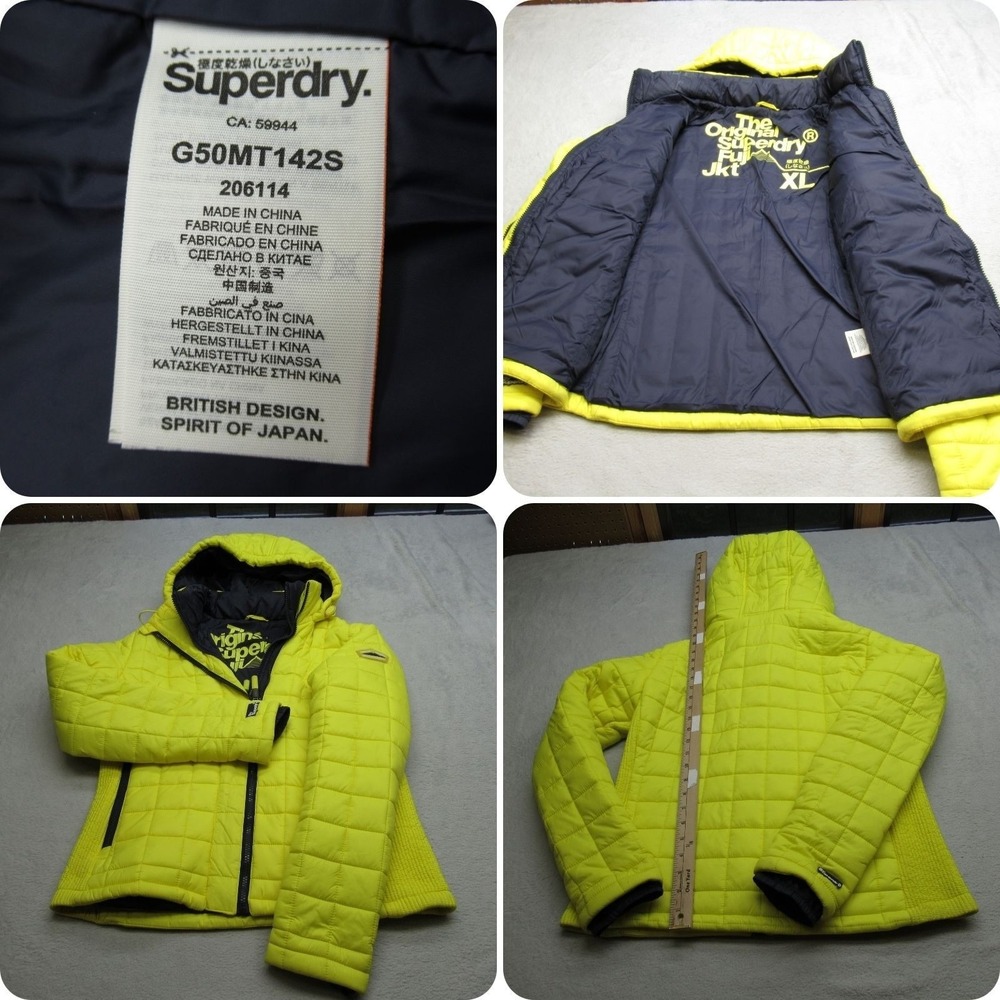 Superdry Jacket Womens XL Yellow Quilt Fuji Pocket Hooded Full Zip Ribbed Puffer